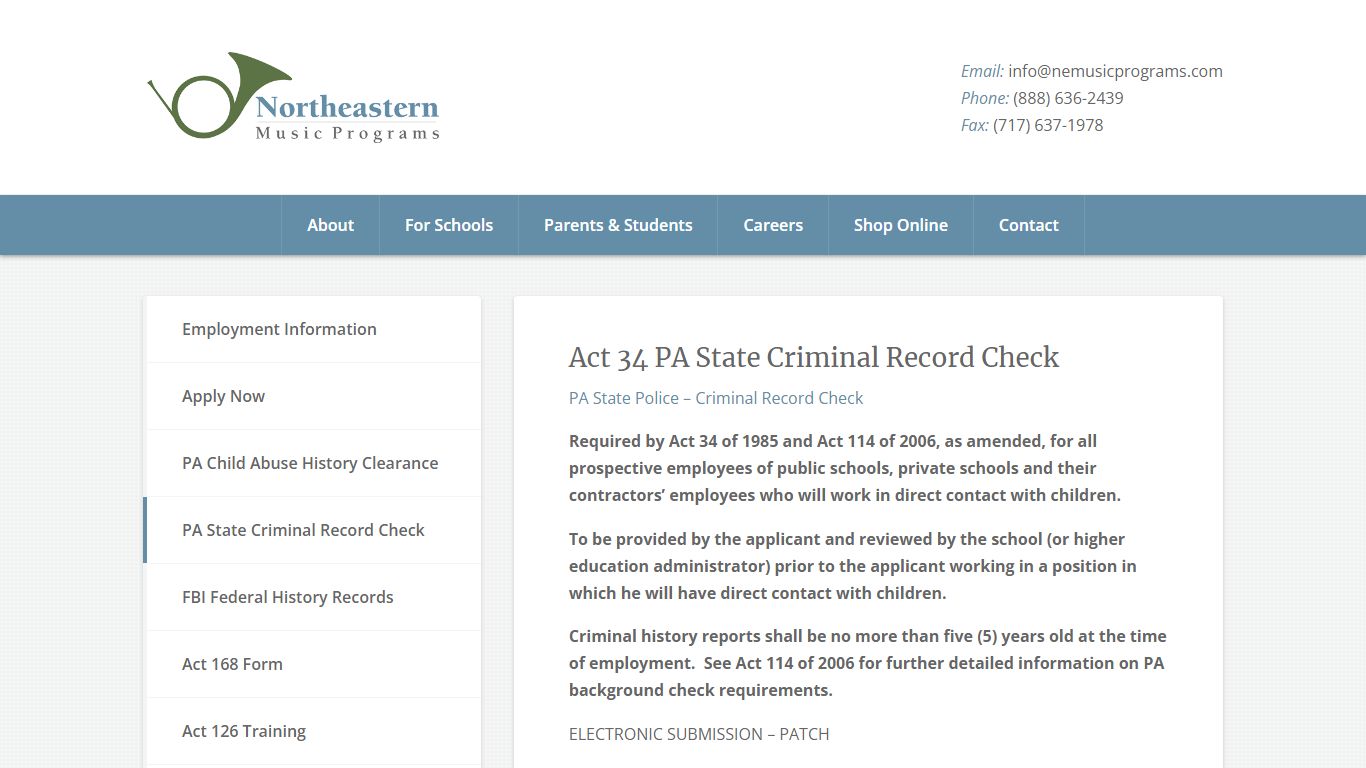 Act 34 PA State Criminal Record Check - Northeastern Music Programs